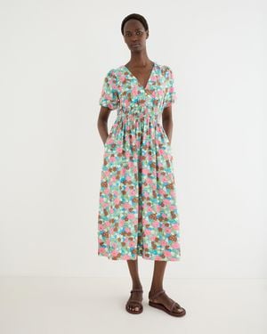 Oliver Bonas Blue & Floral V-neck Puff Sleeve Midi Dress, Size 10 - White