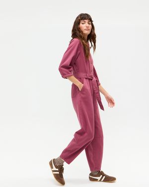 Oliver Bonas Grape Button Up Tie Waist Denim Jumpsuit, Size 6 - Red