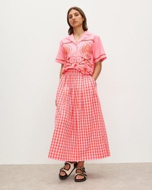 Oliver Bonas Red & Gingham Elasticated Waist Midi Skirt, Size 6 - Pink