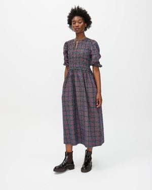 Oliver Bonas Black & Checked Shirred Bodice Midi Smock Dress, Size 6 - Blue