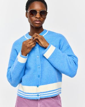 Oliver Bonas & Cream Striped Crew Neck Knitted Cardigan, Size 6 - Blue