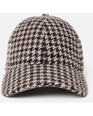 Oliver Bonas Brown Houndstooth Wool Blend Cherry Motif Cap Hat - White