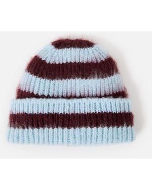 Oliver Bonas Blue & Burgundy Striped Fluffy Knitted Beanie Hat - White