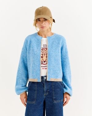 Oliver Bonas & Brown Trim Open Front Knitted Cardigan, Size 12 - Blue