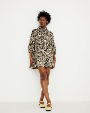 Oliver Bonas Cream & Black Animal Print Frill Collar Denim Mini Dress, Size 10 - White