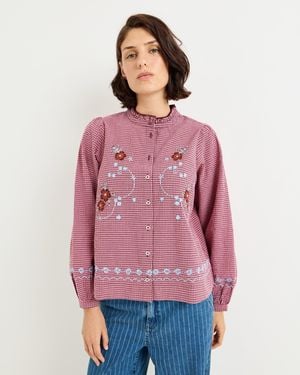 Oliver Bonas Burgundy & Gingham Floral Embroidered Shirt, Size 10 - Purple