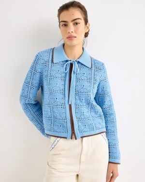 Oliver Bonas Collared Tie Front Crochet Cardigan, Size 10 - Blue