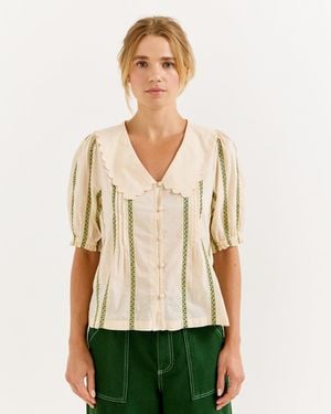 Oliver Bonas Cream Embroidered Striped Scalloped Collar Blouse, Size 14 - Natural