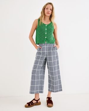 Oliver Bonas & White Gingham Embroidered Cropped Wide Leg Trousers, Size 10 - Green
