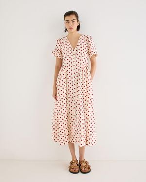 Oliver Bonas Cream & Red Polka Dot V-neck Cotton Midi Dress, Size 10 - Pink