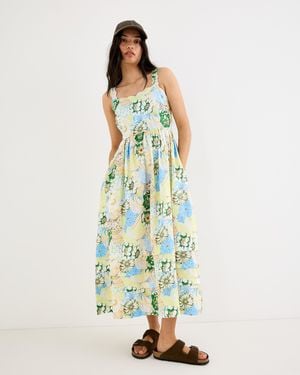 Oliver Bonas Green & Floral Scalloped Strappy Midi Dress, Size 10 - Blue