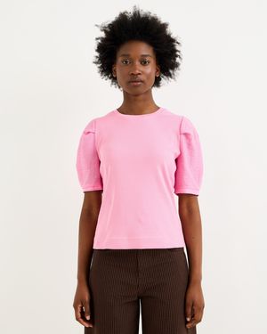 Oliver Bonas Ribbed Puff Sleeve Top, Size 10 - Pink