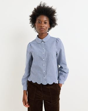 Oliver Bonas Blue & White Striped Scalloped Hem Cotton Blouse, Size 18