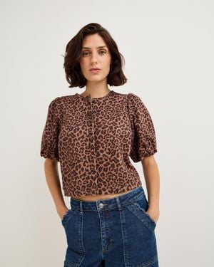 Oliver Bonas Animal Print Puff Sleeve Denim Top, Size 6 - Blue