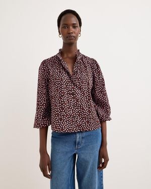Oliver Bonas Brown & Pink Polka Dot Frill Neck Cotton Blouse, Size 18 - Red