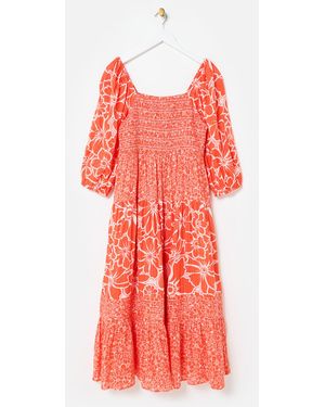 Oliver Bonas & White Floral Puff Sleeve Cotton Midi Dress, Size 6 - Red