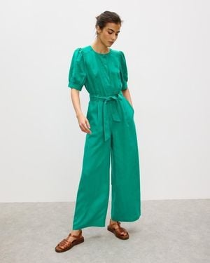 Oliver Bonas Puff Sleeve Tie Waist Wide Leg Jumpsuit - Green