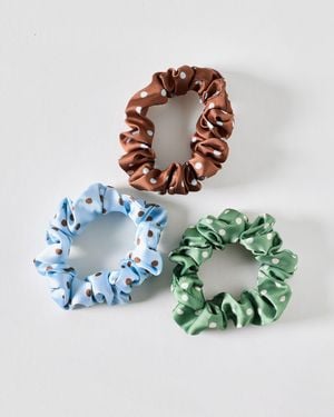 Oliver Bonas Betsi Green Blue & Brown Polka Dot Mini Scrunchies Set Of Three - Multicolour