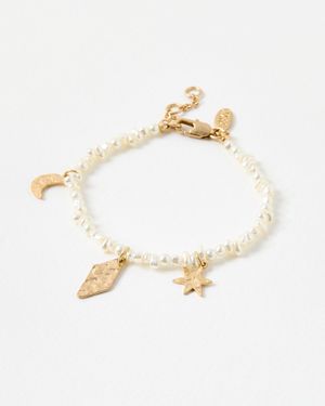 Oliver Bonas Celia Hammered Gold Tone Charm Faux Pearl Bracelet - White