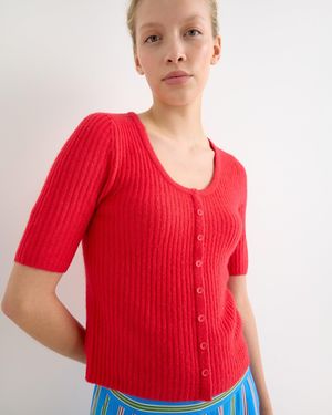 Oliver Bonas Button Up Ribbed Knitted Top, Size 10 - Red