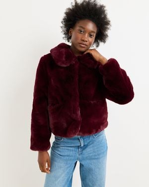 Oliver Bonas Burgundy Faux Fur Coat, Size 12 - Red