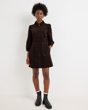 Oliver Bonas Brown Corduroy Zip Up Mini Shirt Dress, Size 16