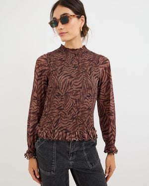 Oliver Bonas Animal Print Shirred Mesh Top, Size 10