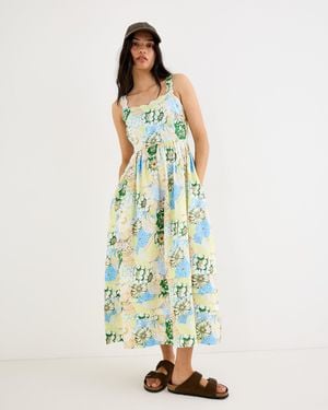 Oliver Bonas Green & Floral Scalloped Strappy Midi Dress, Size 10 - Blue