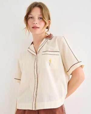 Oliver Bonas Ecru & Brown Embroidered Short Sleeve Shirt, Size 12 - Natural