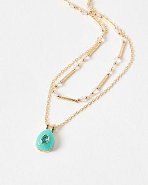 Oliver Bonas Jessamyn Blue Teardrop Gold Tone Layered Necklace - White
