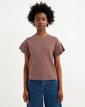 Oliver Bonas & Pink Striped Frill Sleeve T-shirt, Size 10 - Red