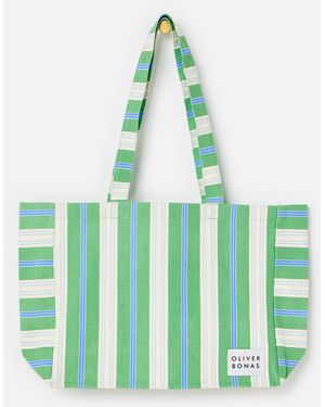 Oliver Bonas & Blue Striped Logo Fabric Tote Shopper Bag - Green