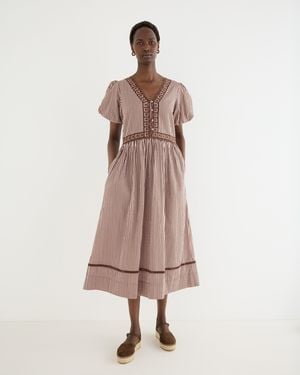 Oliver Bonas Brown & Striped Seersucker Puff Sleeve Midi Dress, Size 10 - Natural