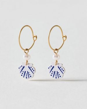 Oliver Bonas Safiya Mini Shell Charm Drop Hoop Earrings - Blue