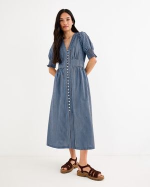 Oliver Bonas & Brown Striped V-neck Cotton Seersucker Midi Dress, Size 18 - Blue