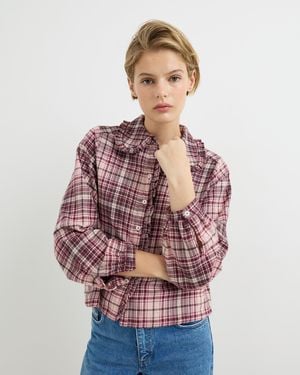 Oliver Bonas Cream & Burgundy Checked Frill Collar Cotton Shirt, Size 18 - Red