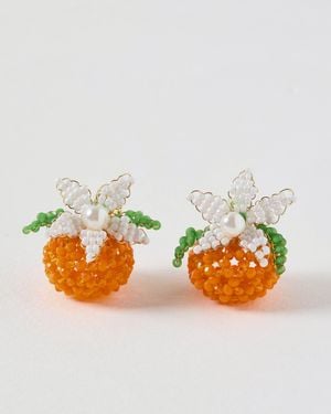Oliver Bonas Orlee & Flower Beaded Faux Pearl Stud Earrings - Orange