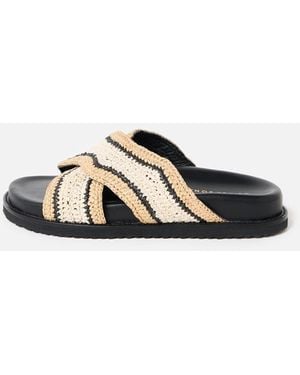 Oliver Bonas Black & Cream Raffia Crossover Chunky Sliders - White