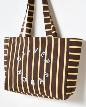Oliver Bonas Chocolate Brown & Yellow Striped Logo Fabric Tote Shopper Bag - Multicolour