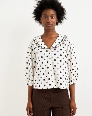 Oliver Bonas White & Brown Polka Dot Frill Collar Blouse, Size 18