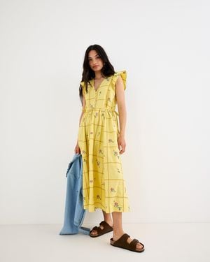 Oliver Bonas Floral Cross Stitch Embroidered Midi Dress, Size 10 - Yellow
