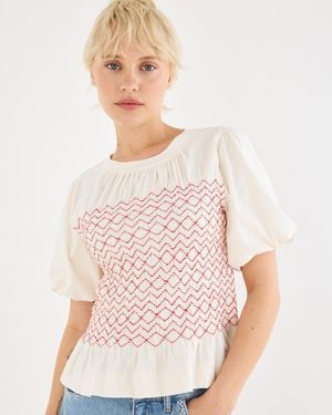 Oliver Bonas & Red Shirred Bodice Puff Sleeve Top, Size 10 - Pink
