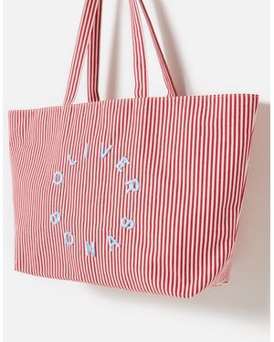 Oliver Bonas & White Striped Logo Fabric Tote Shopper Bag - Pink