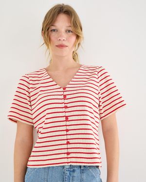 Oliver Bonas & Cream Striped Pointelle Cotton Button Up Top, Size 10 - Red