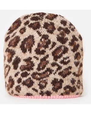 Oliver Bonas Brown Leopard Print & Pink Knitted Beanie Hat