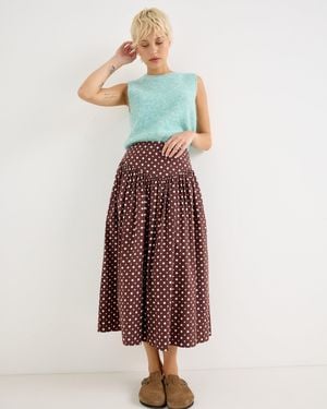 Oliver Bonas Chocolate & White Polka Dot Midi Skirt, Size 12 - Brown