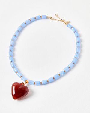 Oliver Bonas Gabriella Beaded Chunky Heart Pendant Necklace - Blue