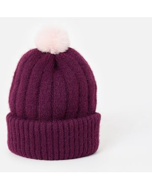 Oliver Bonas Plum & Pink Pom Pom Knitted Bobble Hat - Purple