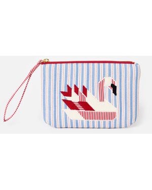 Oliver Bonas Blue & Red Striped Swan Zipped Pouch - White