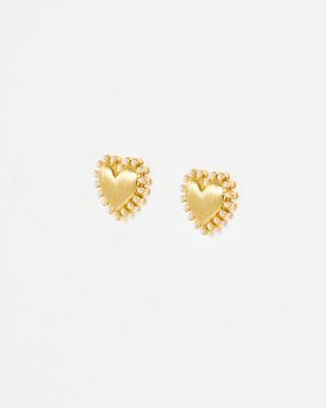 Oliver Bonas Olive Faux Pearl Brushed Tone Heart Earrings Small - White